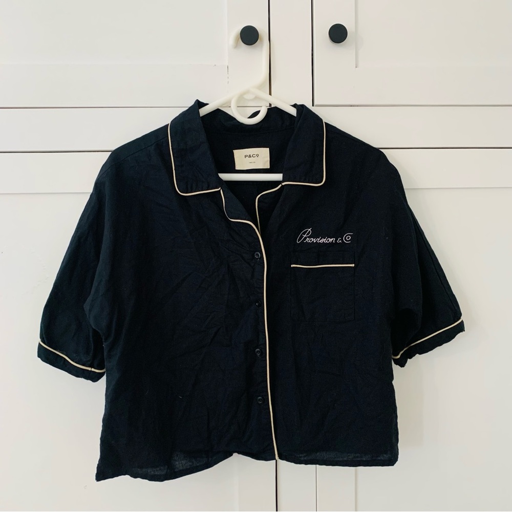Provision & Co. Black Linen Cream Sleep Shirt Top Size Small